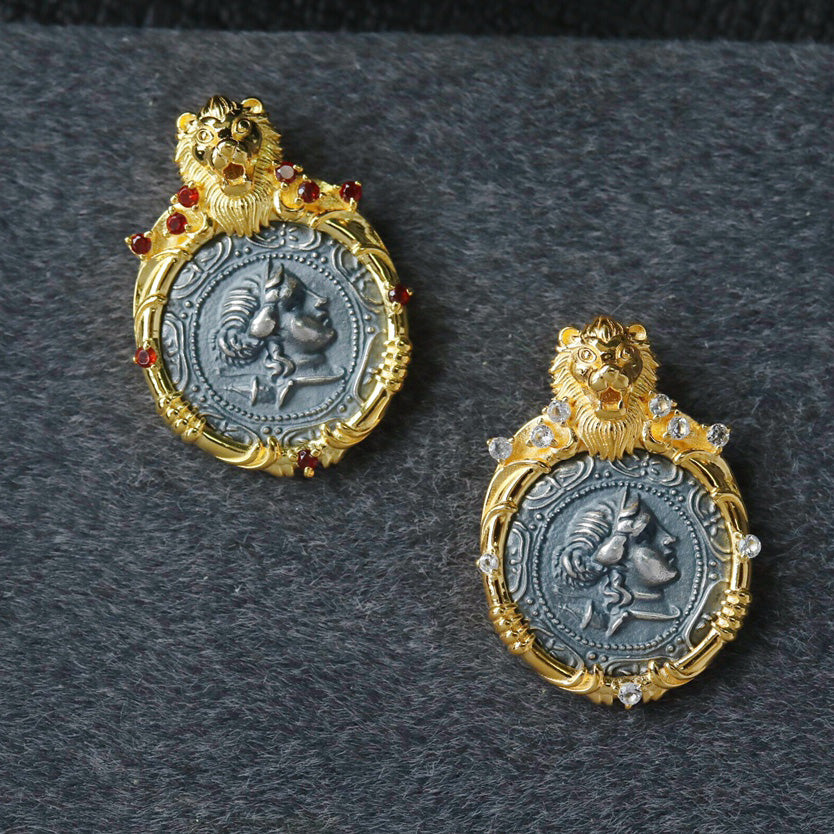 Pendentif pièce de monnaie romaine cadre lion 6339