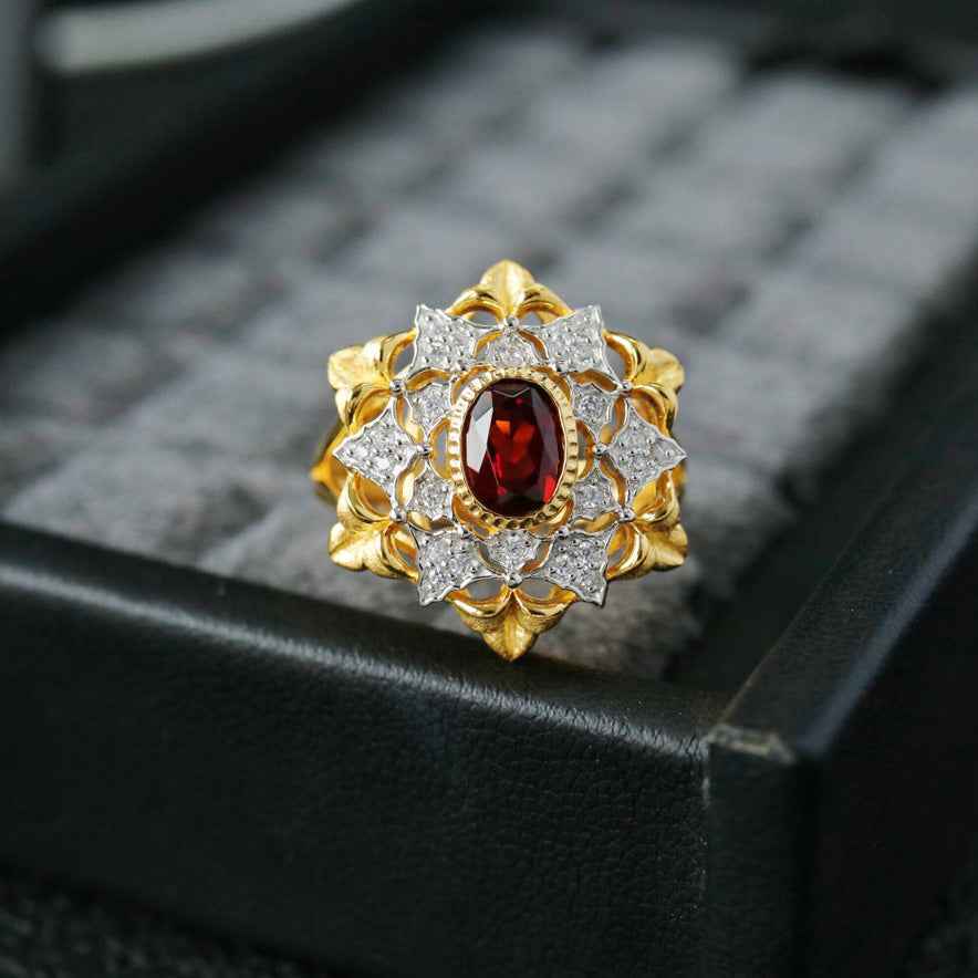 Bague ajourée florale grenat 6364