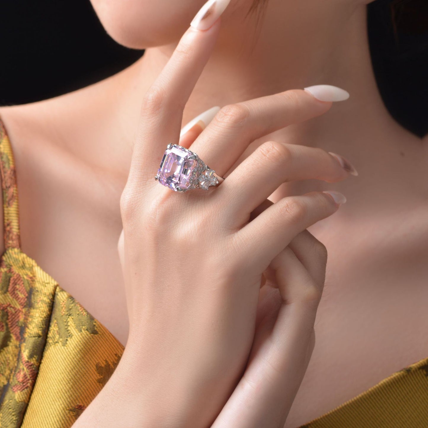 Bague de mariée rose Kunzite Asscher R1570