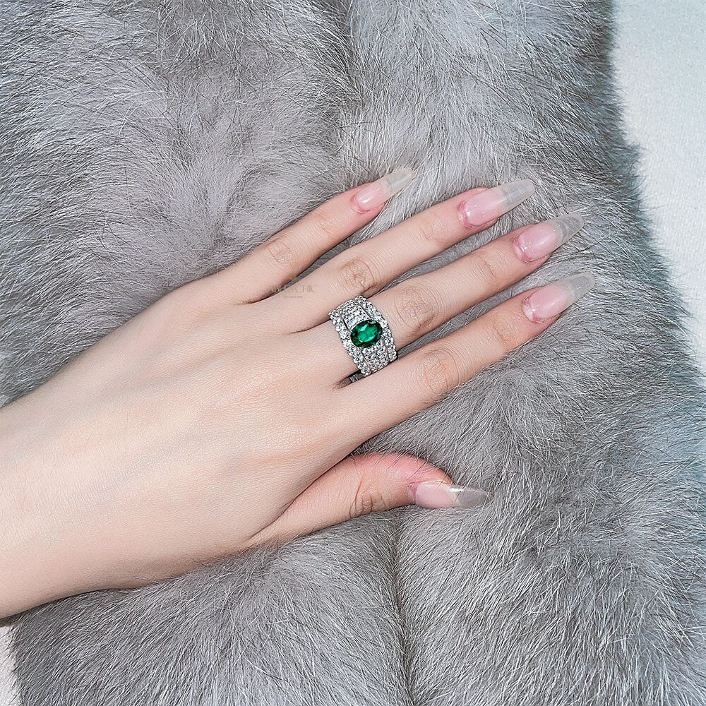 Bague de mariée large émeraude Lab R1601