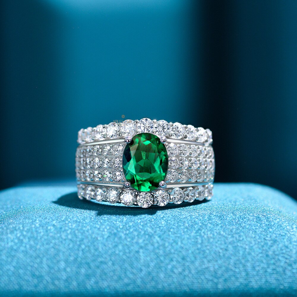 Bague de mariée large émeraude Lab R1601