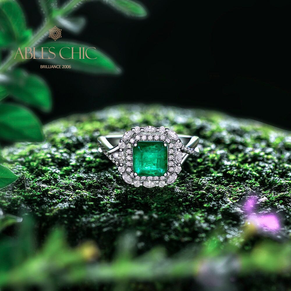 Bague de mariage florale émeraude Lab R1088