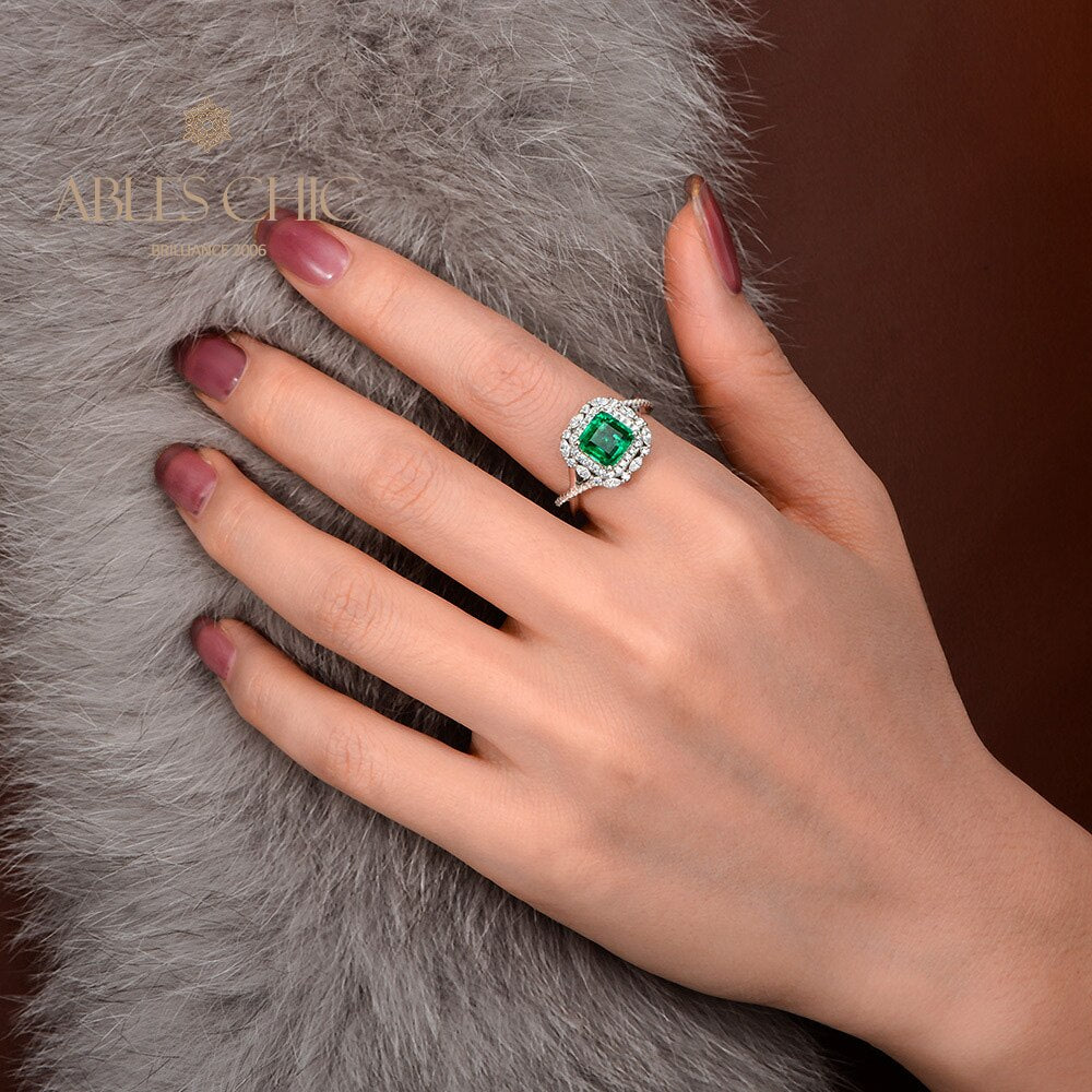 Bague de mariage florale émeraude Lab R1088
