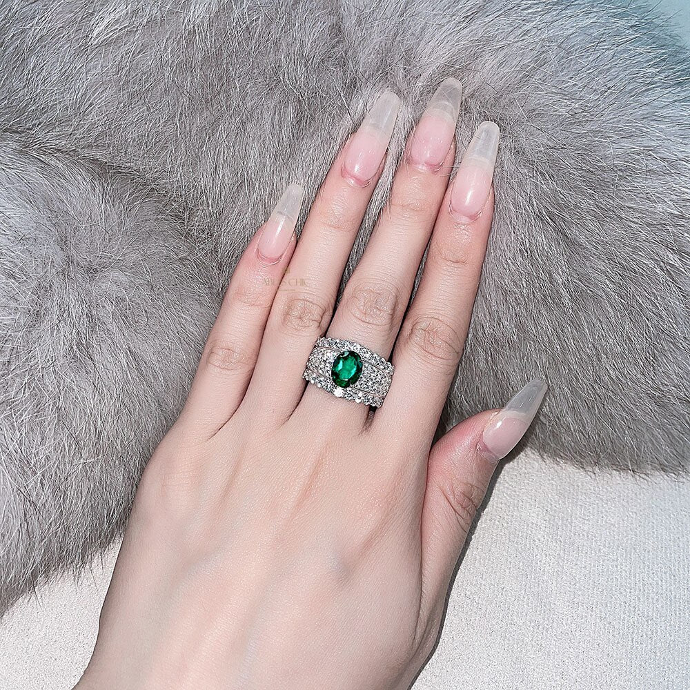 Bague de mariée large émeraude Lab R1601
