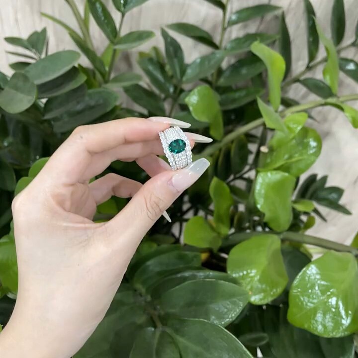 Bague de mariée large émeraude Lab R1601