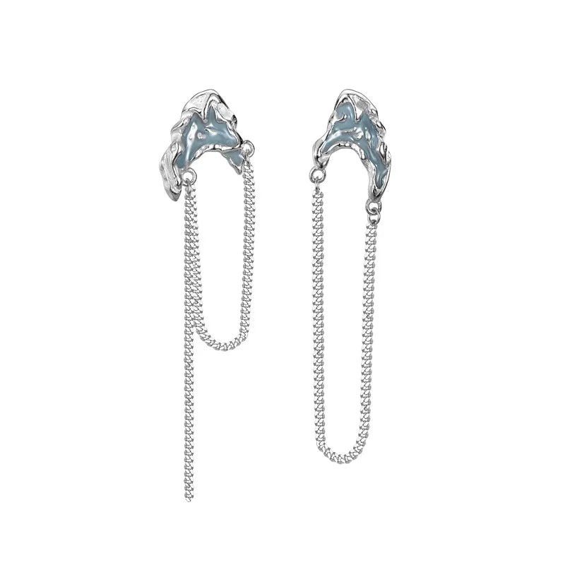 Boucle d'oreille longue chaîne en émail bleu E1126