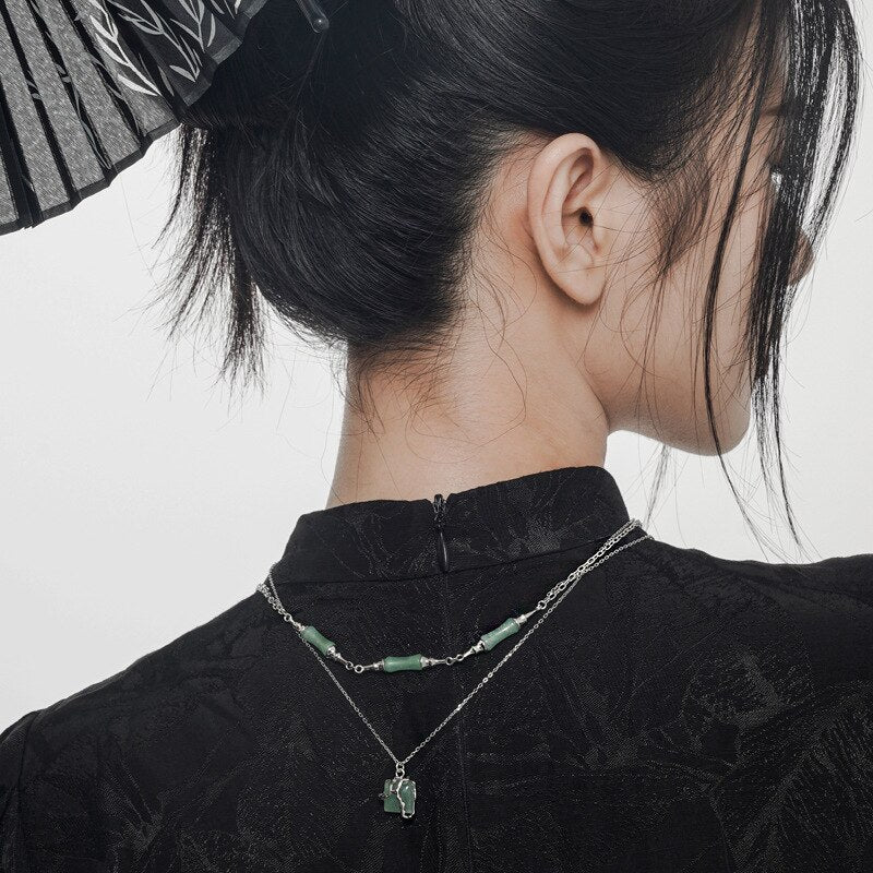 Collier noeuds de bambou jade vert N1046