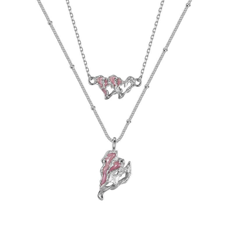 Collier Coeur Émail Rose N1002