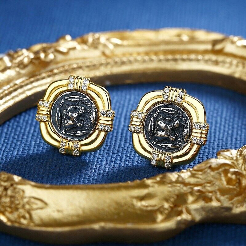 Boucles d'oreilles en pièces de monnaie grecques Lion rugissant E1015