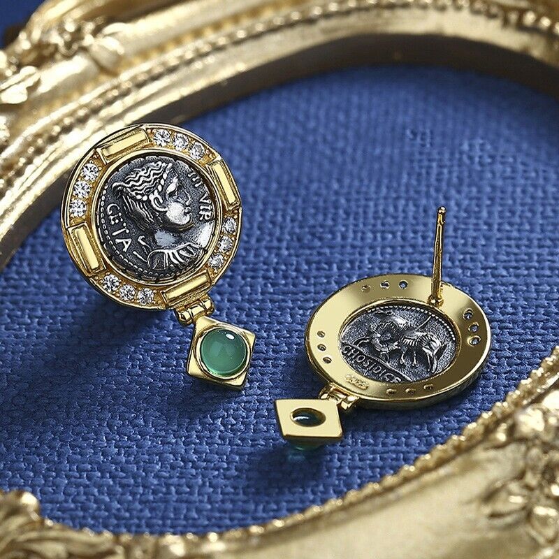 Boucles d'oreilles en agate de Diane, pièce de monnaie romaine, E1019