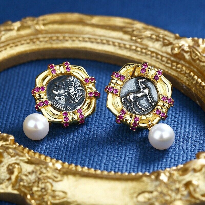 Boucles d'oreilles en forme de pièce de monnaie ancienne en tannite de Carthage E1001