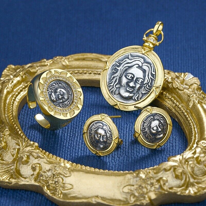 Bague grecque Hélios avec pièce de monnaie romaine R1018