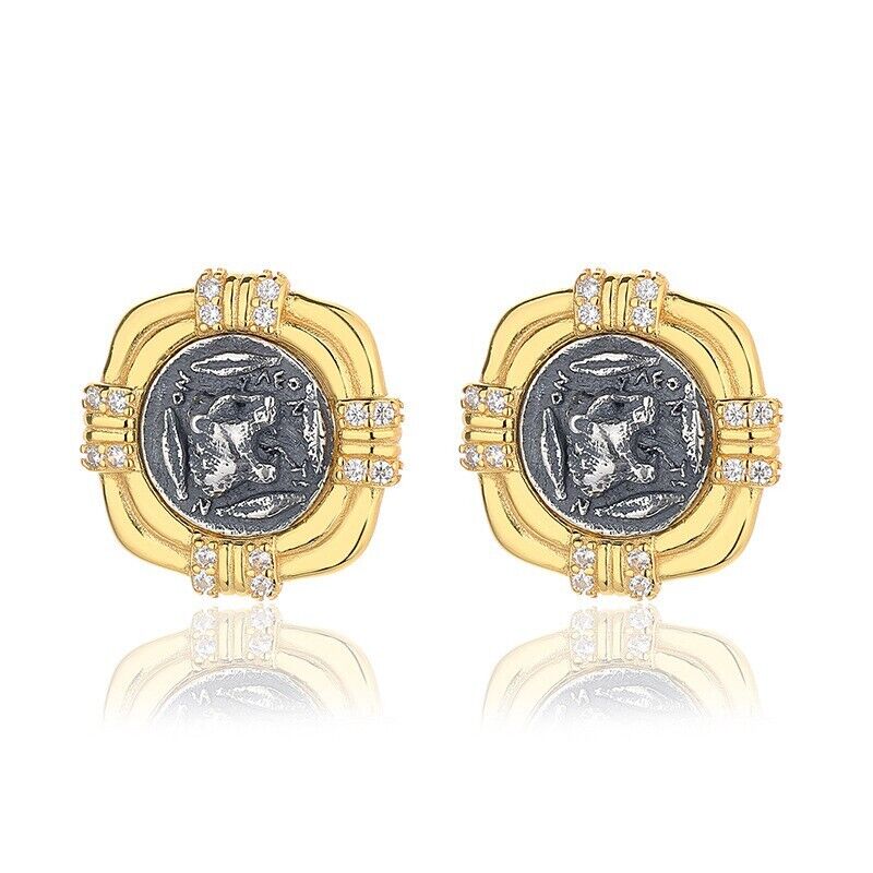 Boucles d'oreilles en pièces de monnaie grecques Lion rugissant E1015