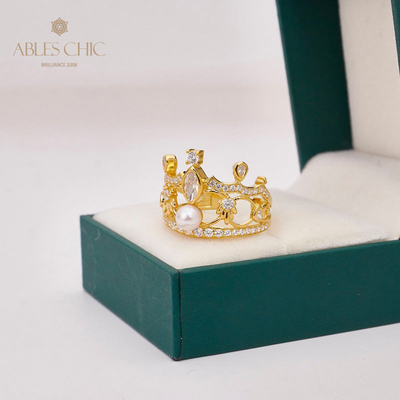 Bague de perles couronne pavée 5731