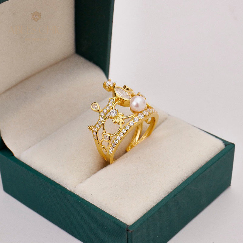Bague de perles couronne pavée 5731