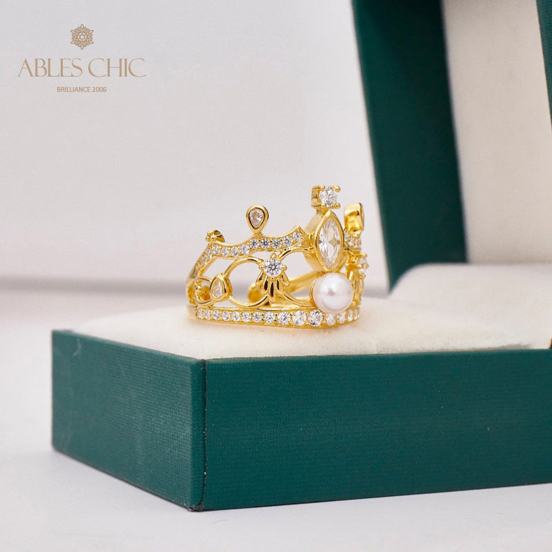 Bague de perles couronne pavée 5731