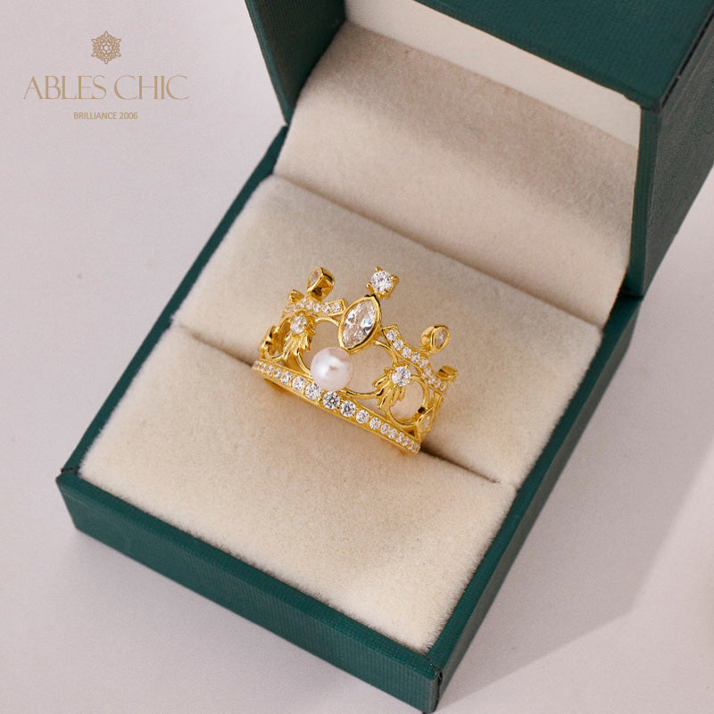 Bague de perles couronne pavée 5731