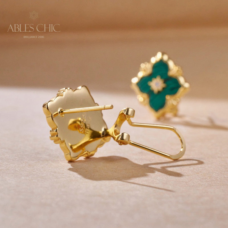Boucles d'oreilles malachite trèfle turquoise 5789