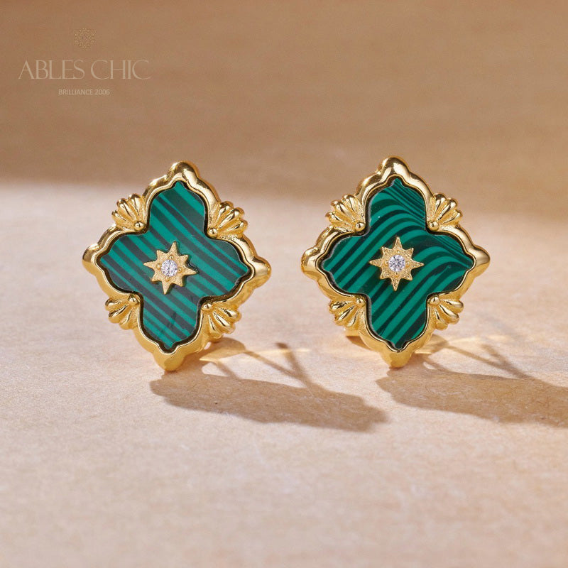 Boucles d'oreilles malachite trèfle turquoise 5789