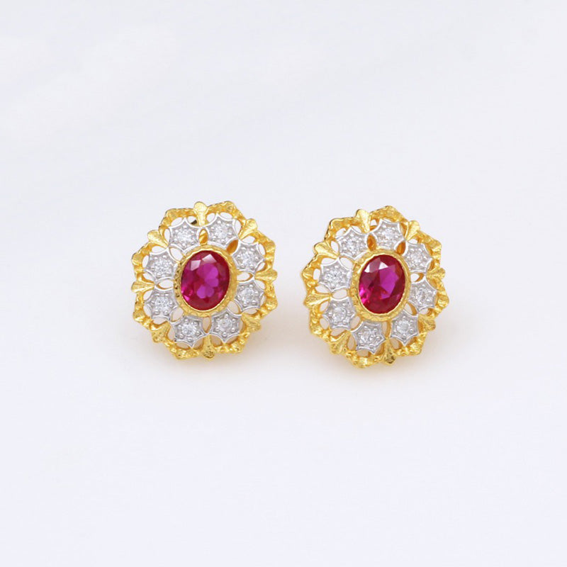 Boucles d'oreilles rubis solitaire fleur filigrane 5394