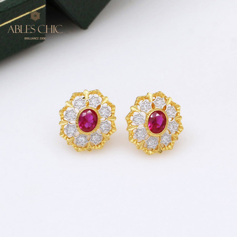 Boucles d'oreilles rubis solitaire fleur filigrane 5394