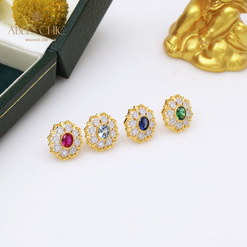 Boucles d'oreilles rubis solitaire fleur filigrane 5394