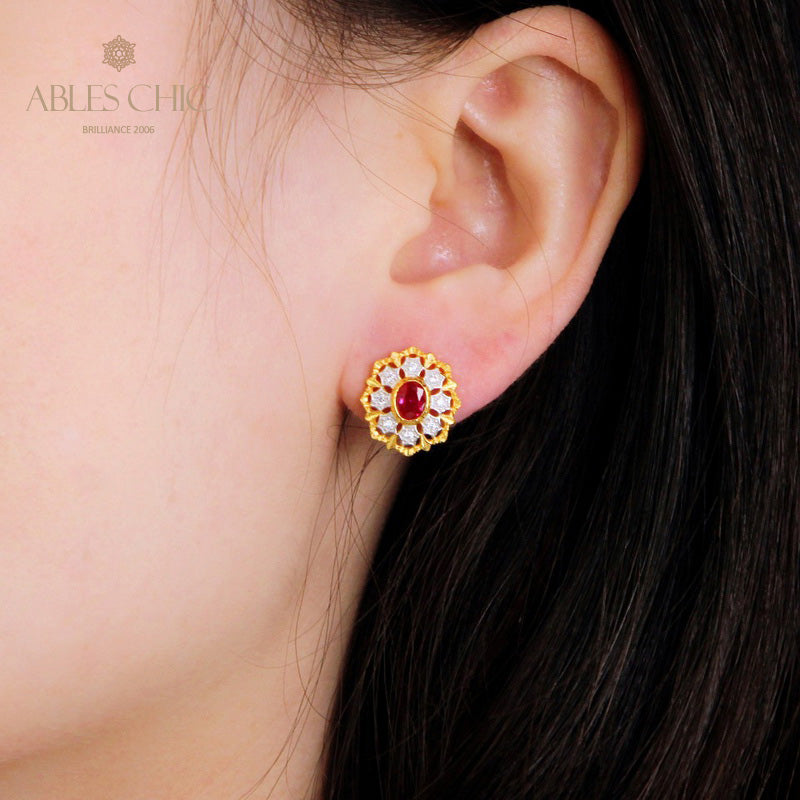 Boucles d'oreilles rubis solitaire fleur filigrane 5394
