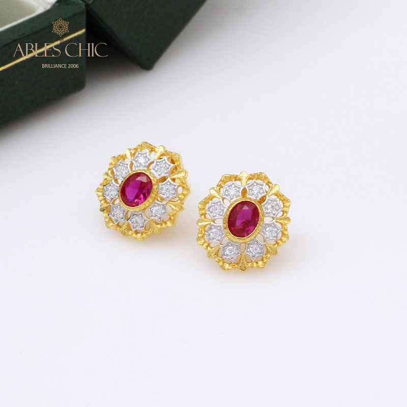 Boucles d'oreilles rubis solitaire fleur filigrane 5394