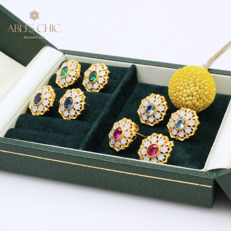 Boucles d'oreilles rubis solitaire fleur filigrane 5394