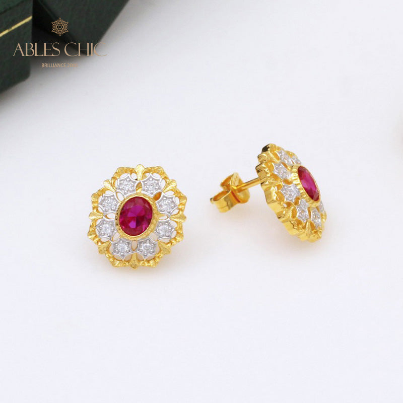 Boucles d'oreilles rubis solitaire fleur filigrane 5394