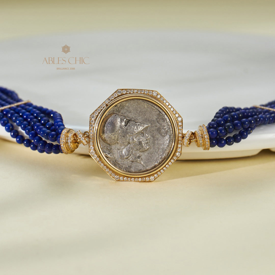 Bracelet Lapis multi-brins avec pièces de lire anciennes