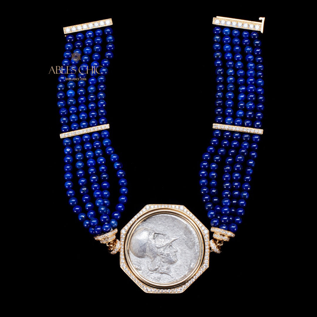Bracelet Lapis multi-brins avec pièces de lire anciennes