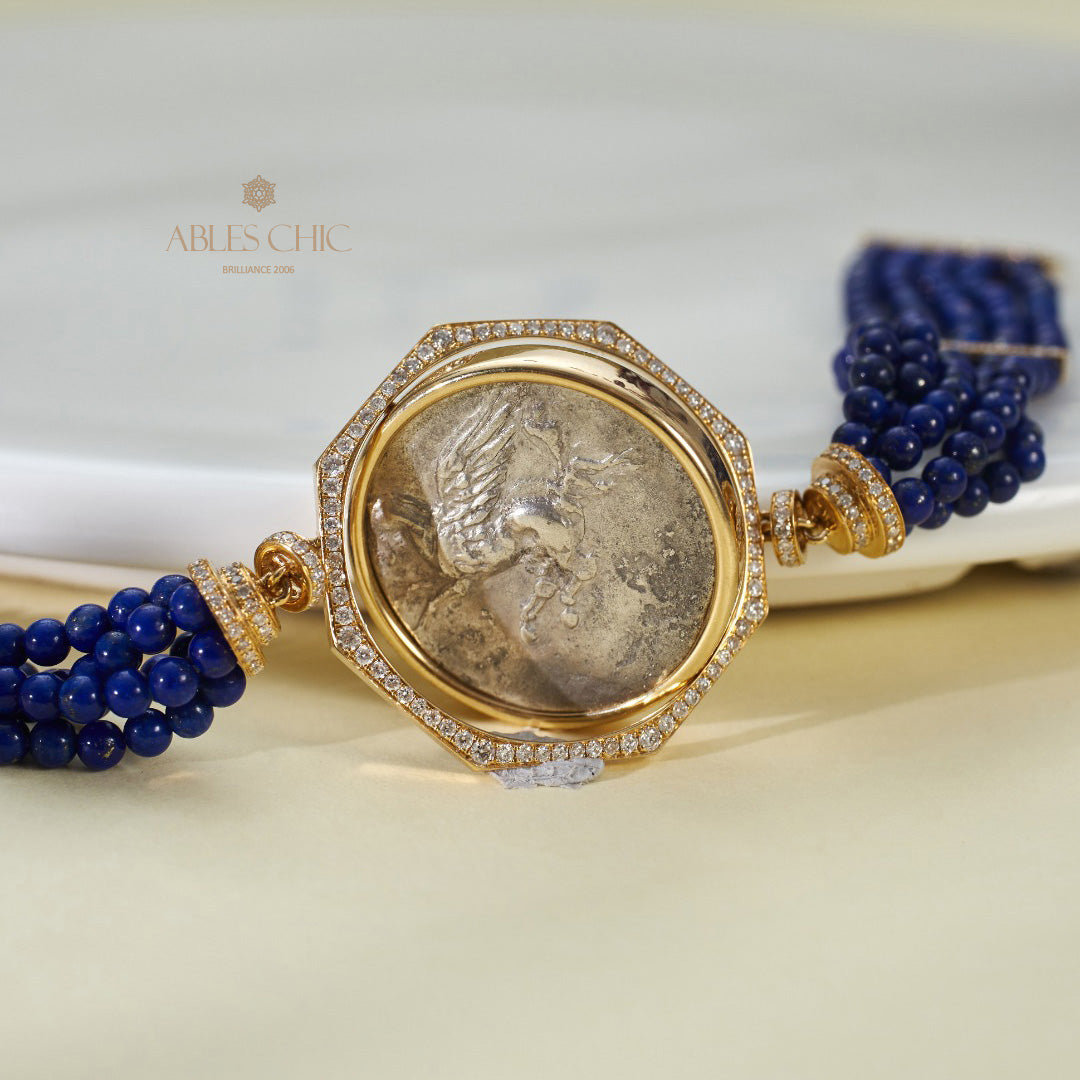 Bracelet Lapis multi-brins avec pièces de lire anciennes