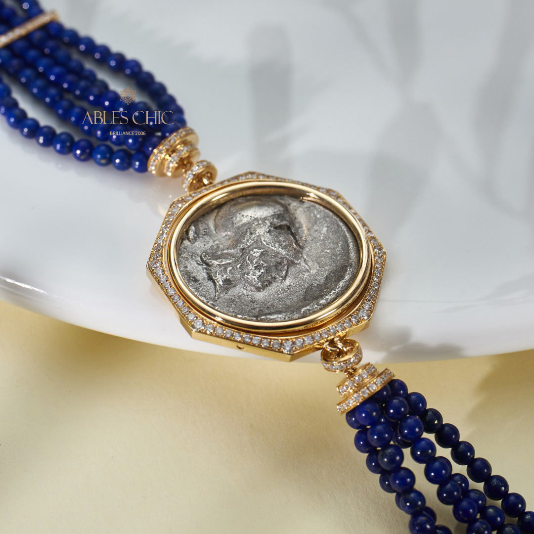 Bracelet Lapis multi-brins avec pièces de lire anciennes