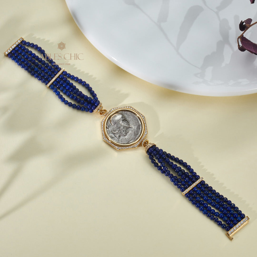 Bracelet Lapis multi-brins avec pièces de lire anciennes
