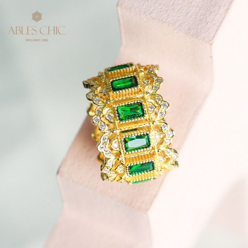 Bague ouverte florale ajourée émeraude 6046