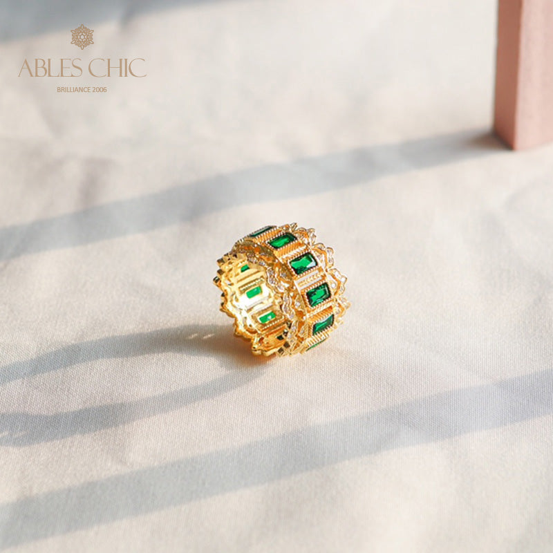 Bague ouverte florale ajourée émeraude 6046