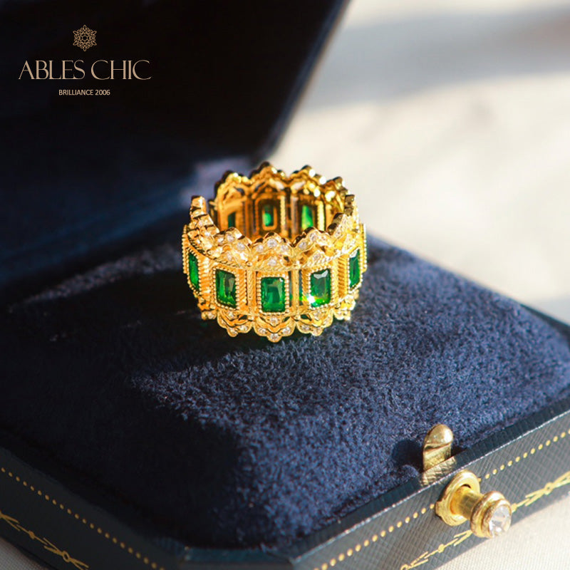 Bague ouverte florale ajourée émeraude 6046