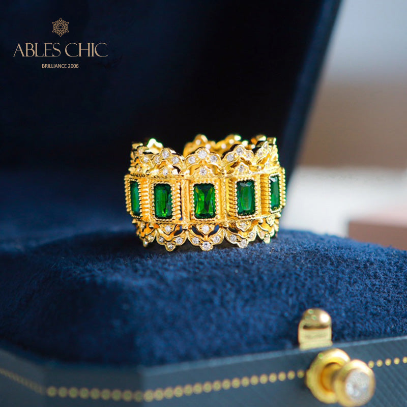 Bague ouverte florale ajourée émeraude 6046