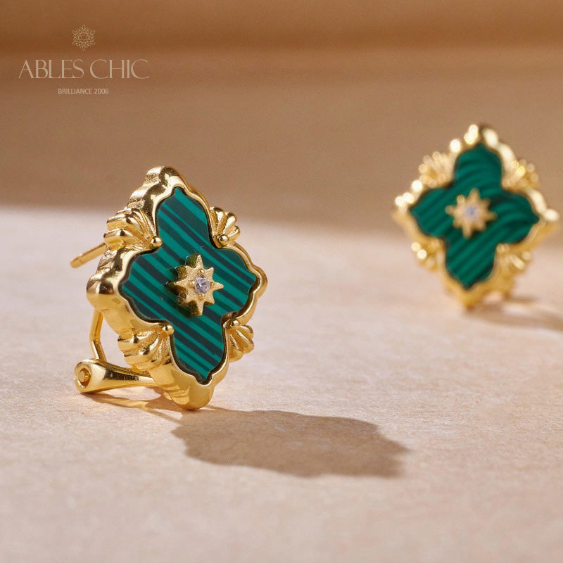 Boucles d'oreilles malachite trèfle turquoise 5789