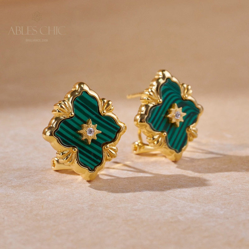 Boucles d'oreilles malachite trèfle turquoise 5789