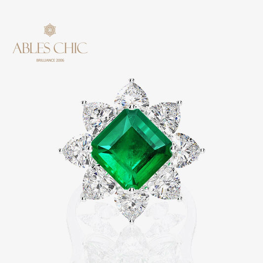 Bague fleur émeraude de laboratoire R0883