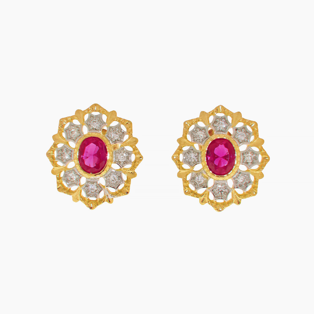 Boucles d'oreilles rubis solitaire fleur filigrane 5394