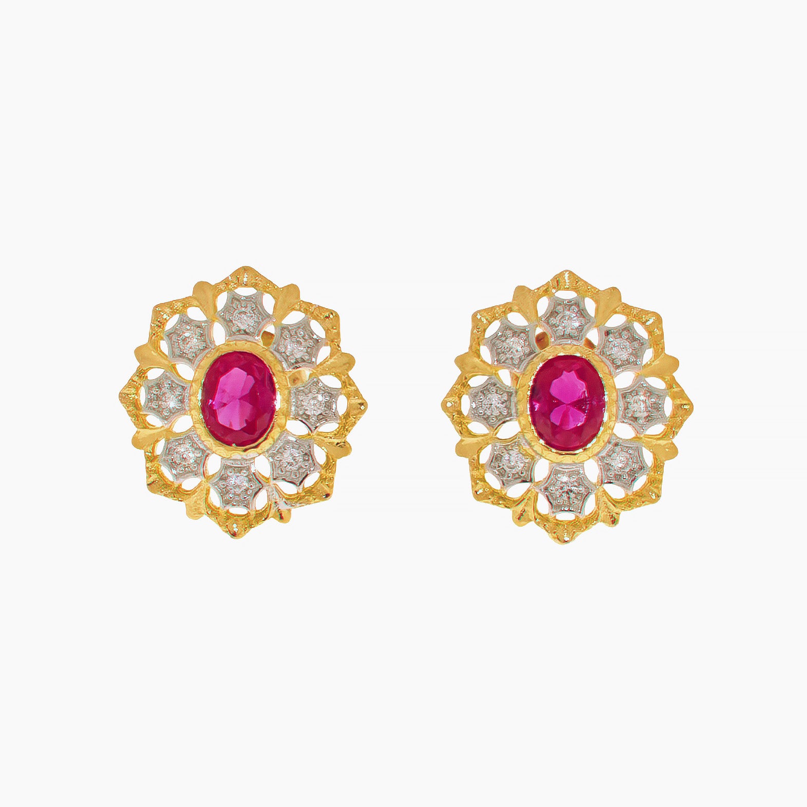 Boucles d'oreilles rubis solitaire fleur filigrane 5394