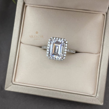 Bague de fiançailles halo taille émeraude R0922