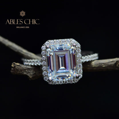 Bague de fiançailles halo taille émeraude R0922