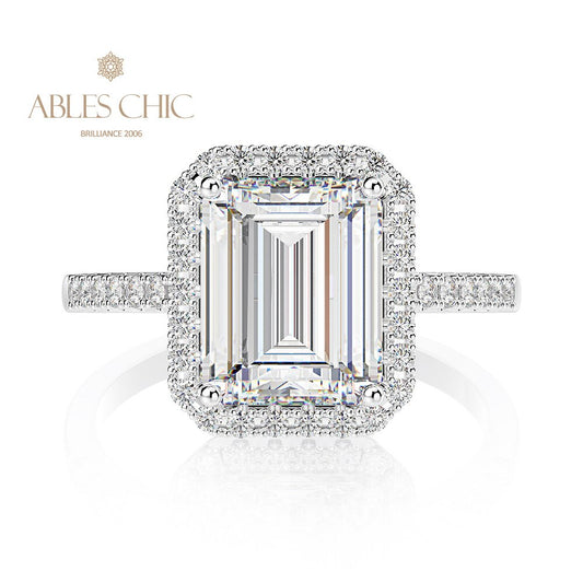 Bague de fiançailles halo taille émeraude R0922