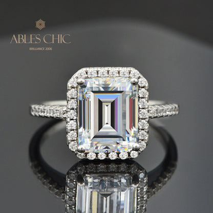 Bague de fiançailles halo taille émeraude R0922