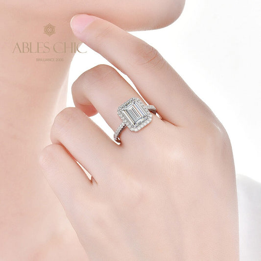 Bague de fiançailles halo taille émeraude R0922