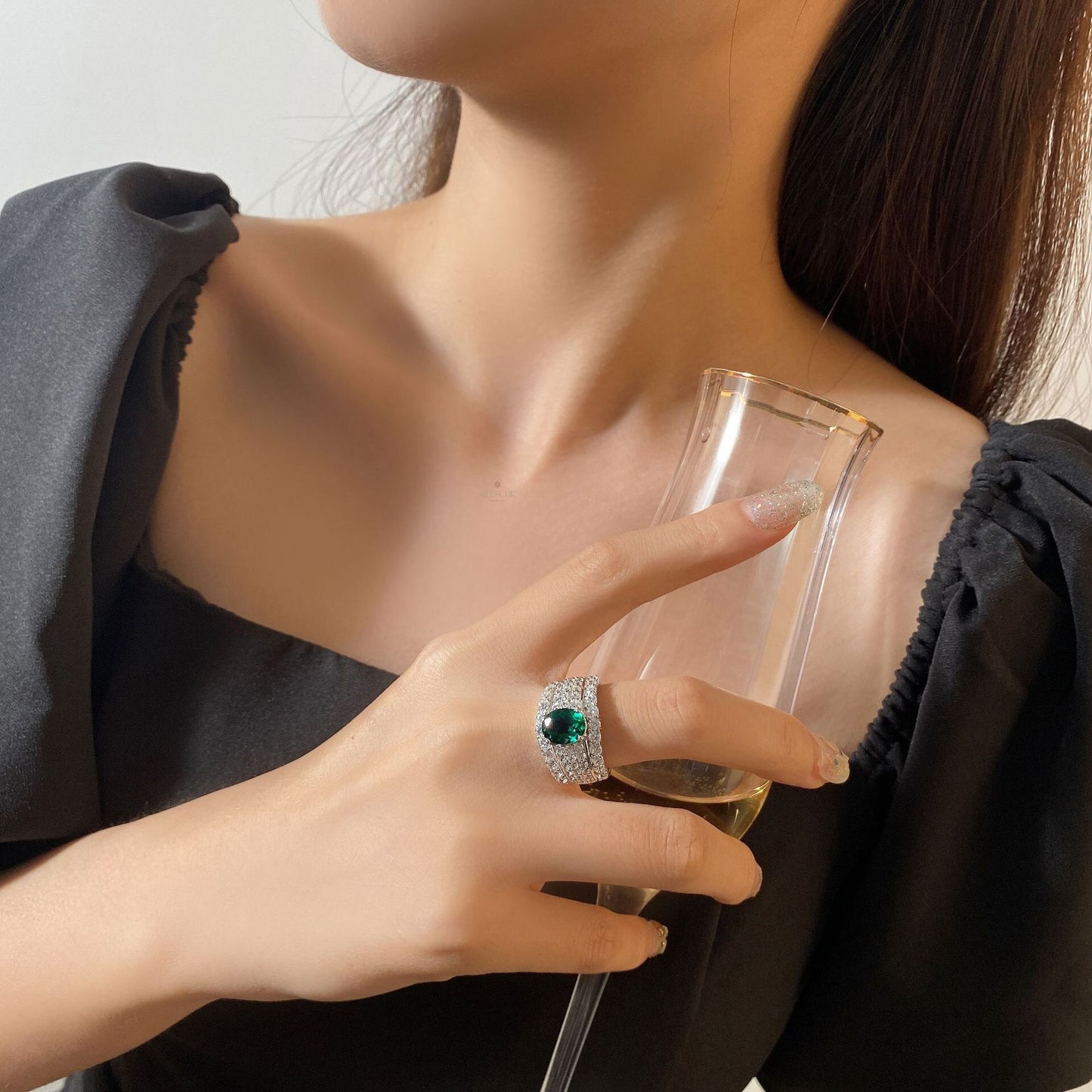Bague de mariée large émeraude Lab R1601